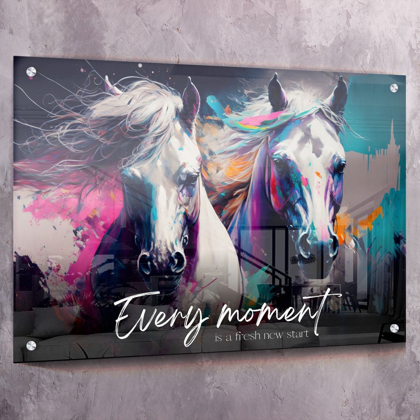 Abstract Horses Painting - Every moment is a fresh new start quote Wall Art | Inspirational Wall Art Motivational Wall Art Quotes Office Art | Impaktiv Exclusive Canvas Art Landscape