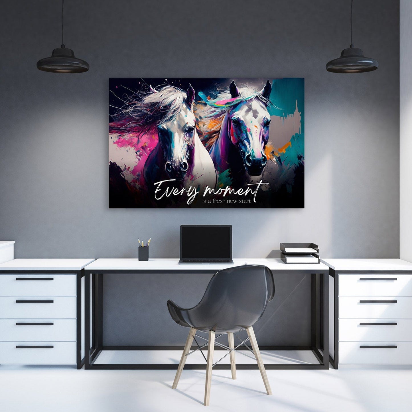 Abstract Horses Painting - Every moment is a fresh new start quote Wall Art | Inspirational Wall Art Motivational Wall Art Quotes Office Art | Impaktiv Exclusive Canvas Art Landscape