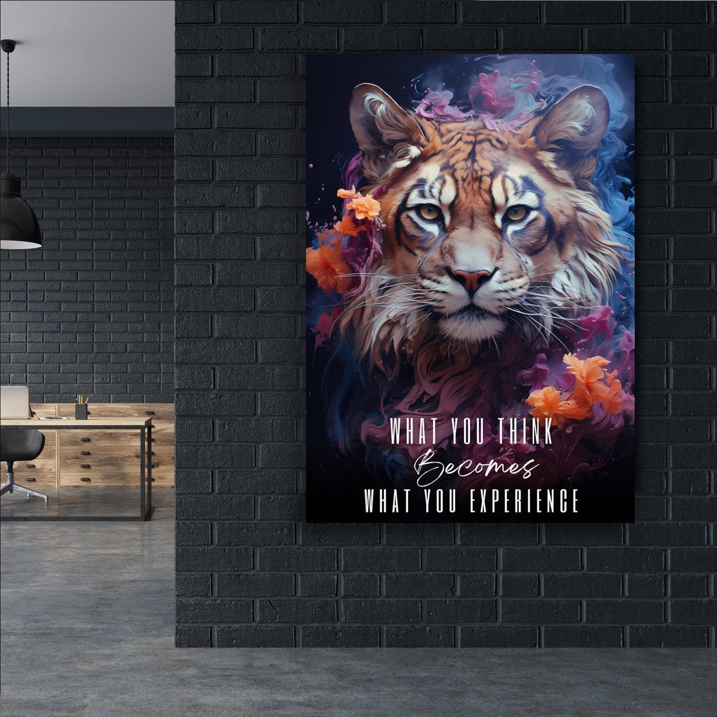 Abstract Tiger - What you think & say becomes what you experience Quote Wall Art | Inspirational Wall Art Motivational Wall Art Quotes Office Art | Impaktiv Exclusive Canvas Art Portrait