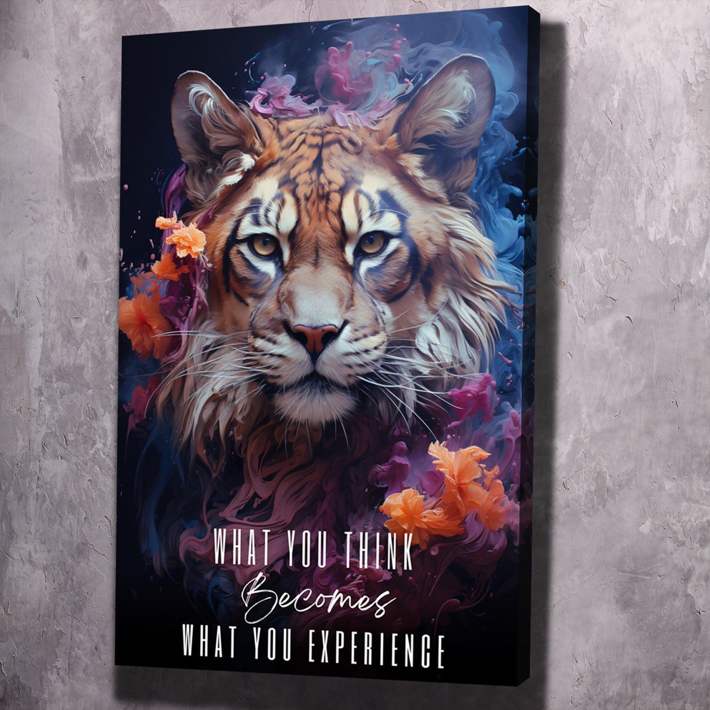 Abstract Tiger - What you think & say becomes what you experience Quote Wall Art | Inspirational Wall Art Motivational Wall Art Quotes Office Art | Impaktiv Exclusive Canvas Art Portrait