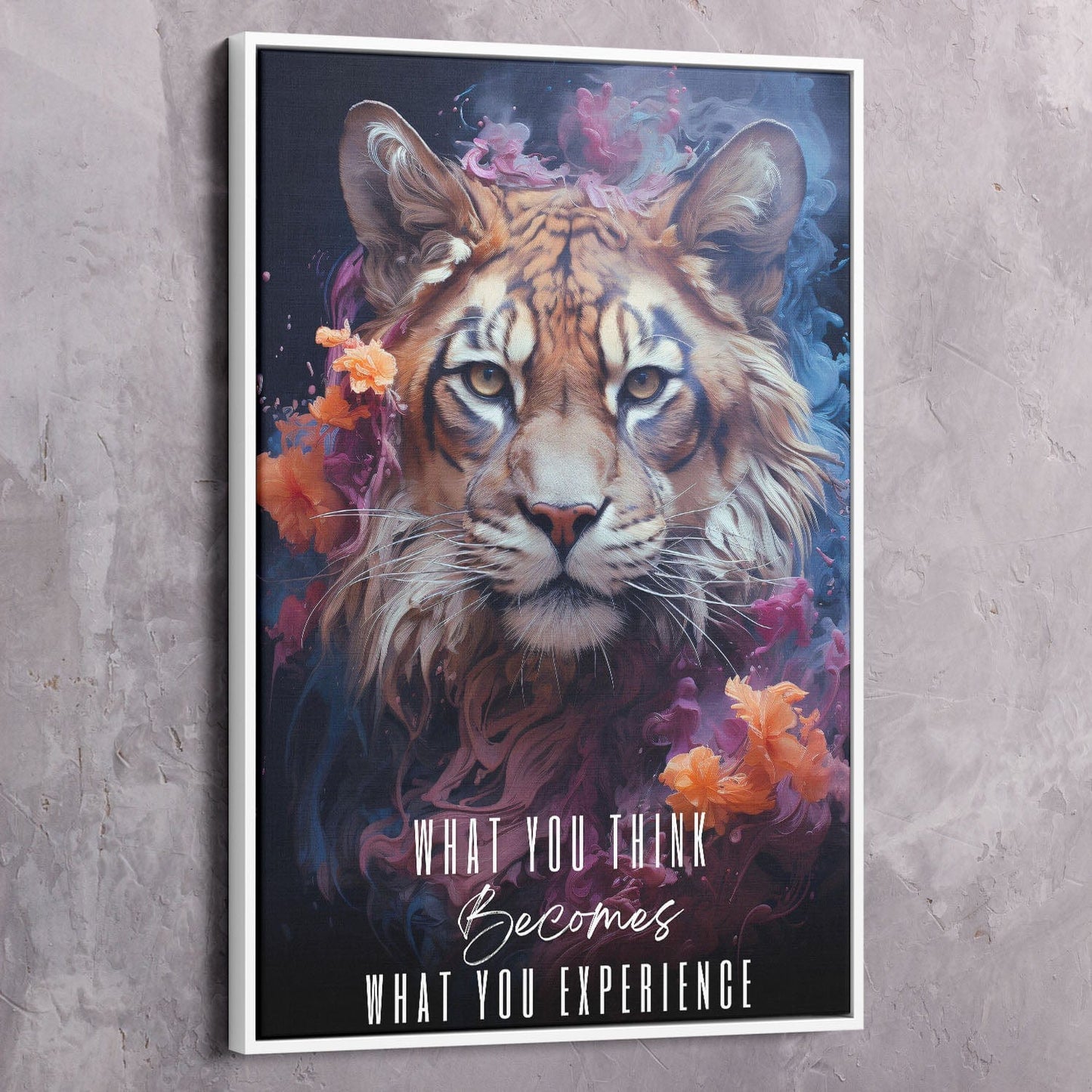 Abstract Tiger - What you think & say becomes what you experience Quote Wall Art | Inspirational Wall Art Motivational Wall Art Quotes Office Art | Impaktiv Exclusive Canvas Art Portrait