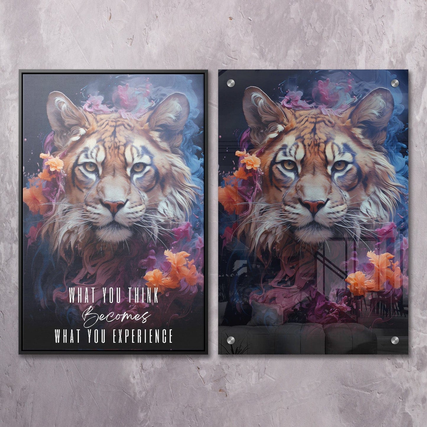 Abstract Tiger - What you think & say becomes what you experience Quote Wall Art | Inspirational Wall Art Motivational Wall Art Quotes Office Art | Impaktiv Exclusive Canvas Art Portrait