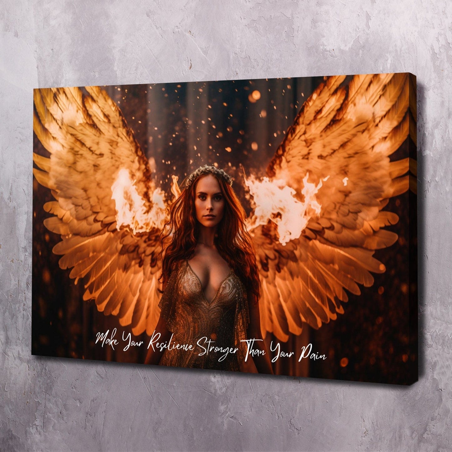 Angel on Fire - Resilience Stronger Than Pain Quote Wall Art | Inspirational Wall Art Motivational Wall Art Quotes Office Art | Impaktiv Exclusive Canvas Art Landscape