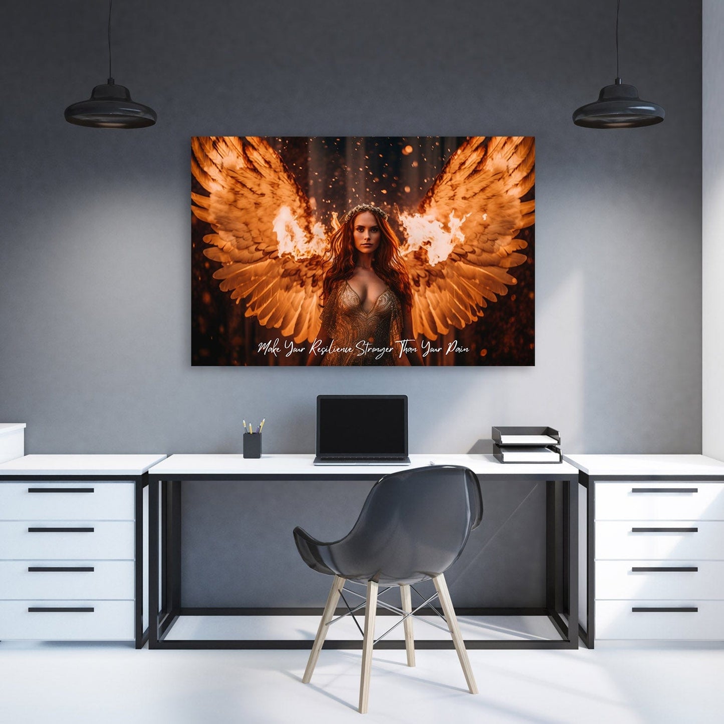 Angel on Fire - Resilience Stronger Than Pain Quote Wall Art | Inspirational Wall Art Motivational Wall Art Quotes Office Art | Impaktiv Exclusive Canvas Art Landscape