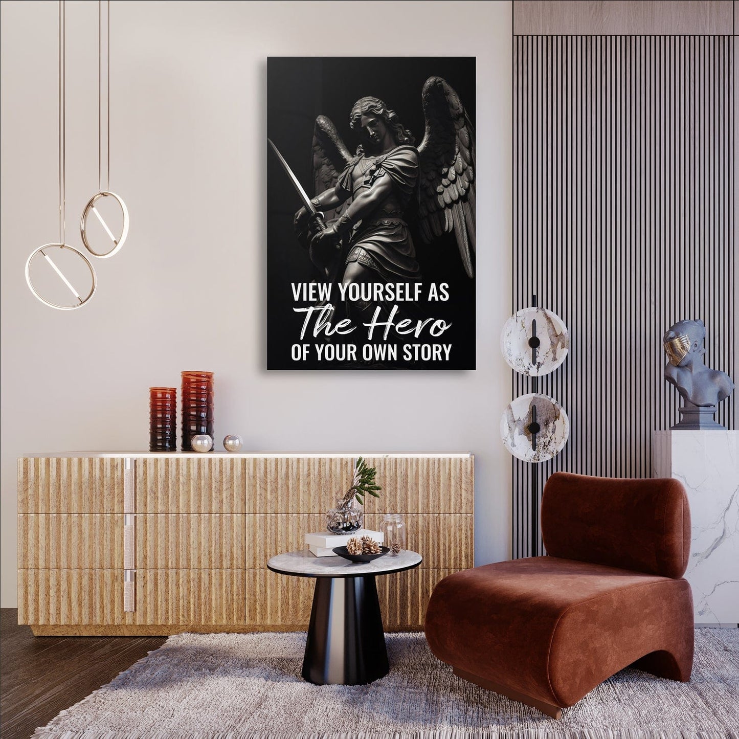 Archangel Statue - Hero of Your Own Story Quote Wall Art | Inspirational Wall Art Motivational Wall Art Quotes Office Art | Impaktiv Exclusive Canvas Art Portrait