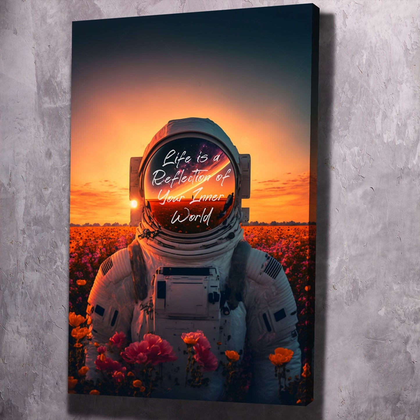 Astronaut Flowers - Life Reflects Your Inner World Quote Wall Art | Inspirational Wall Art Motivational Wall Art Quotes Office Art | Impaktiv Exclusive Canvas Art Portrait