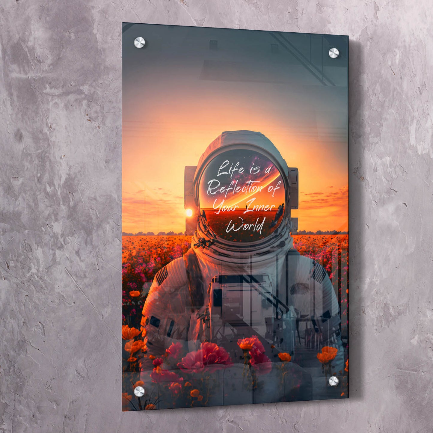 Astronaut Flowers - Life Reflects Your Inner World Quote Wall Art | Inspirational Wall Art Motivational Wall Art Quotes Office Art | Impaktiv Exclusive Canvas Art Portrait