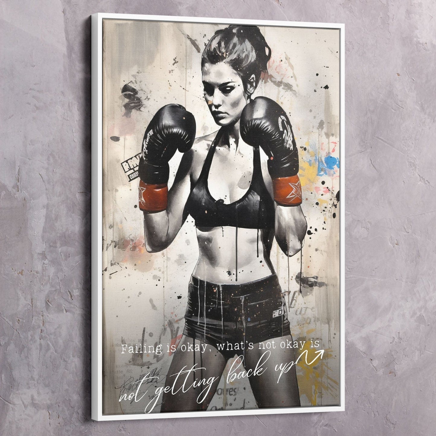 Female Boxer - Falling Is Okay Quote Wall Art | Inspirational Wall Art Motivational Wall Art Quotes Office Art | Impaktiv Exclusive Canvas Art Portrait