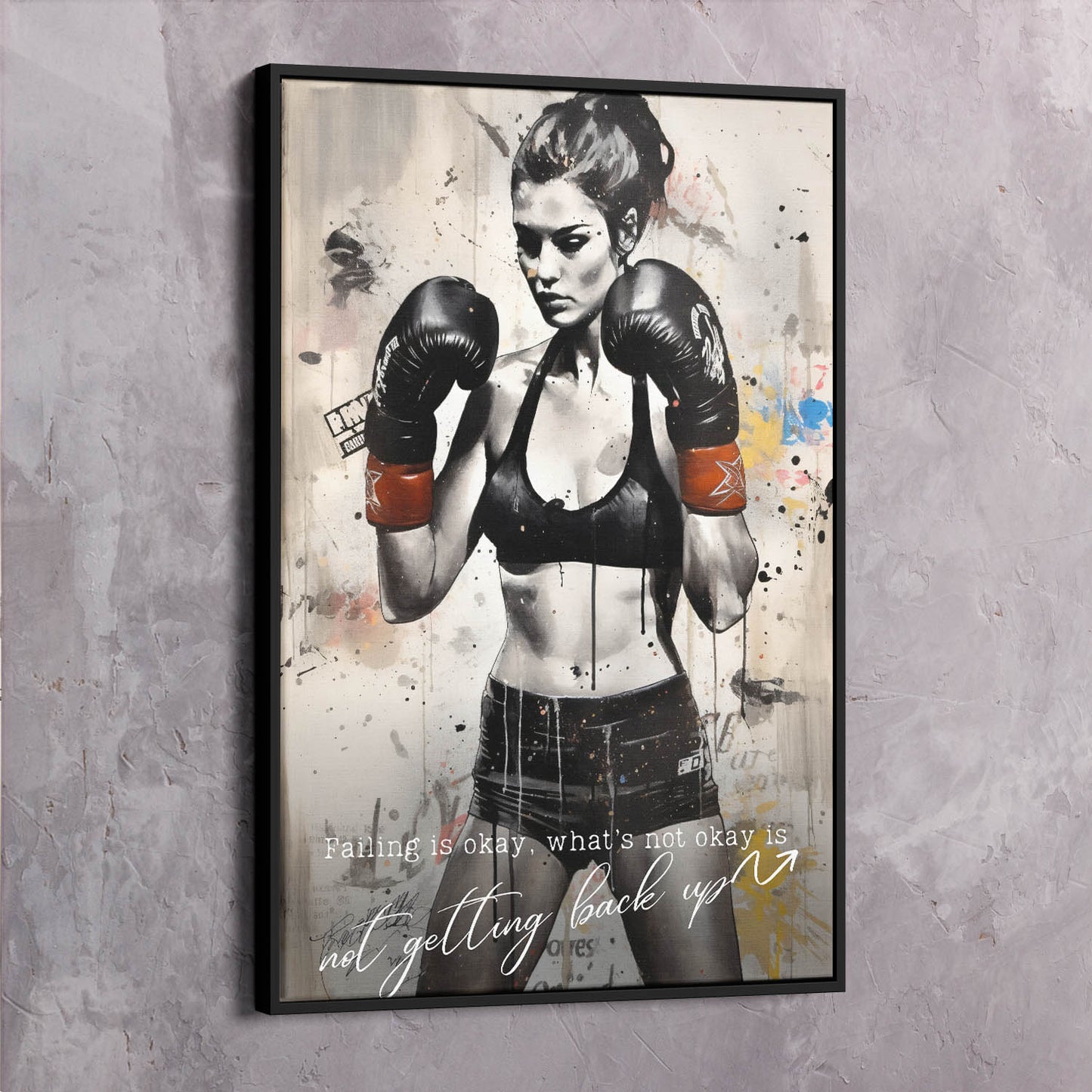Female Boxer - Falling Is Okay Quote Wall Art | Inspirational Wall Art Motivational Wall Art Quotes Office Art | Impaktiv Exclusive Canvas Art Portrait
