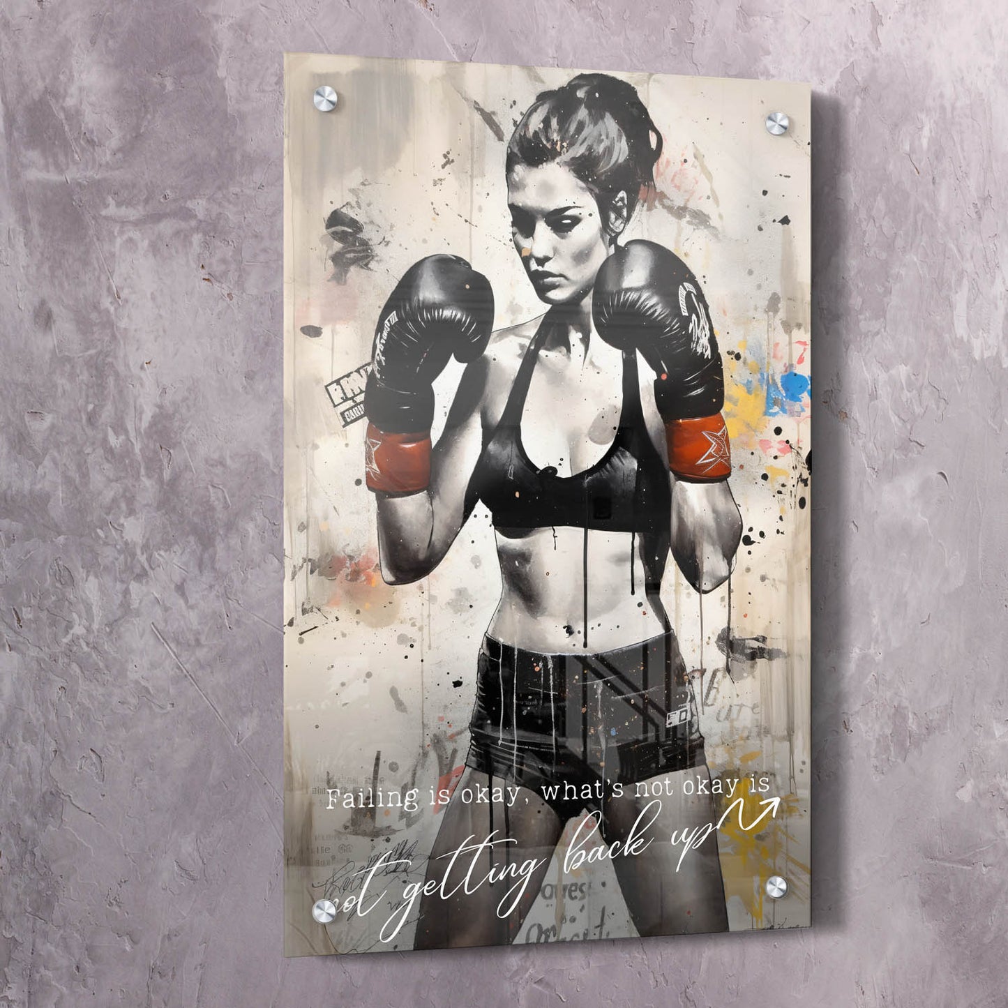 Female Boxer - Falling Is Okay Quote Wall Art | Inspirational Wall Art Motivational Wall Art Quotes Office Art | Impaktiv Exclusive Canvas Art Portrait