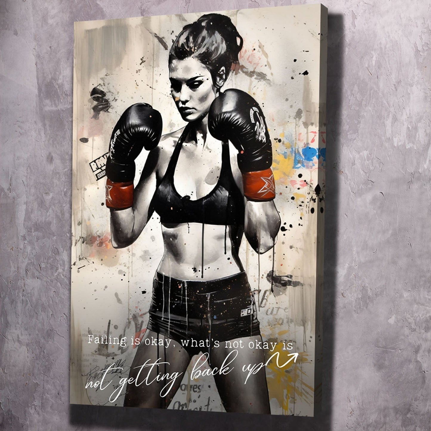 Female Boxer - Falling Is Okay Quote Wall Art | Inspirational Wall Art Motivational Wall Art Quotes Office Art | Impaktiv Exclusive Canvas Art Portrait