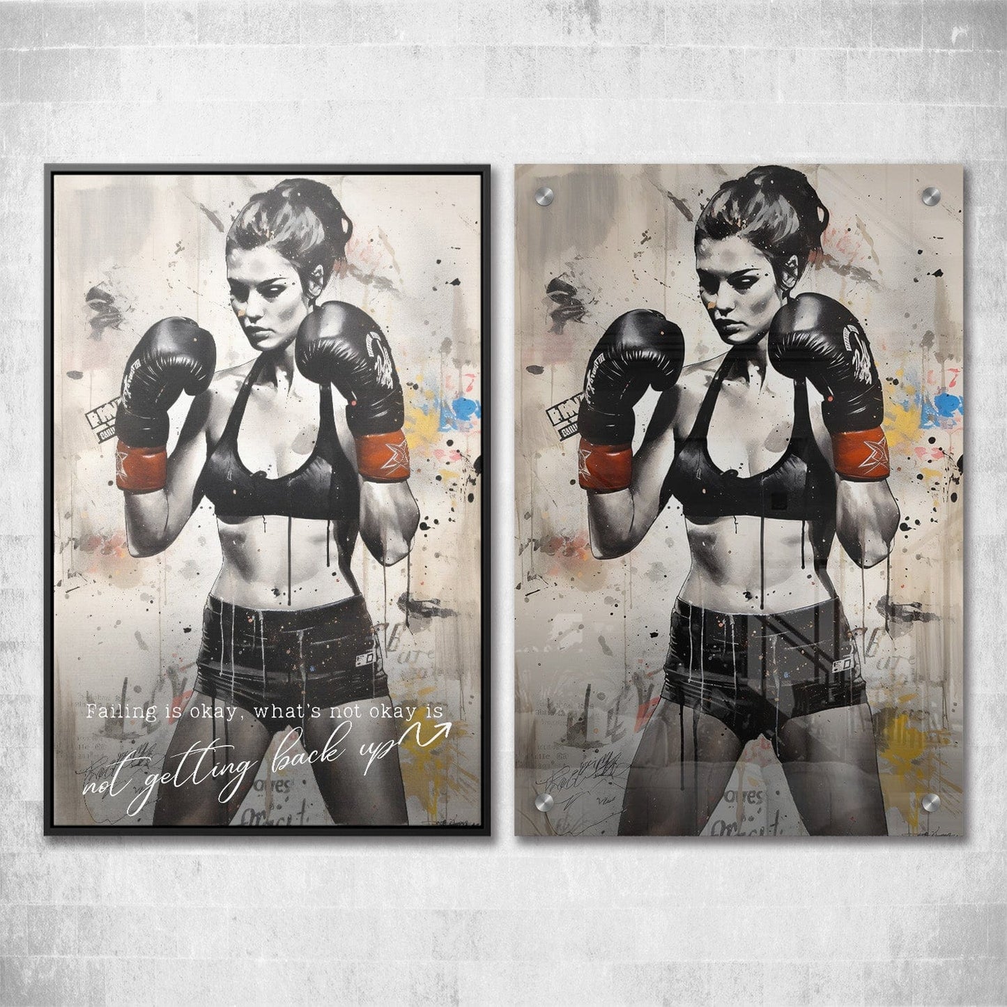 Female Boxer - Falling Is Okay Quote Wall Art | Inspirational Wall Art Motivational Wall Art Quotes Office Art | Impaktiv Exclusive Canvas Art Portrait
