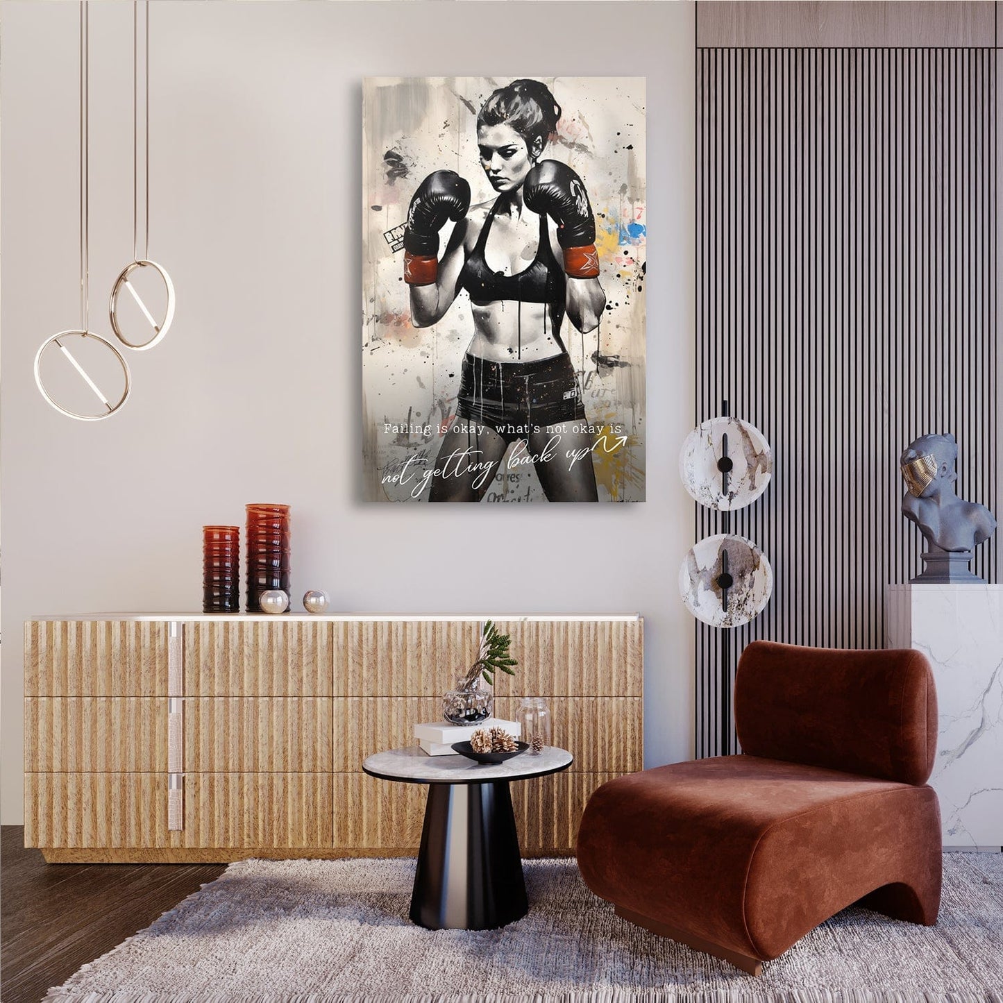 Female Boxer - Falling Is Okay Quote Wall Art | Inspirational Wall Art Motivational Wall Art Quotes Office Art | Impaktiv Exclusive Canvas Art Portrait