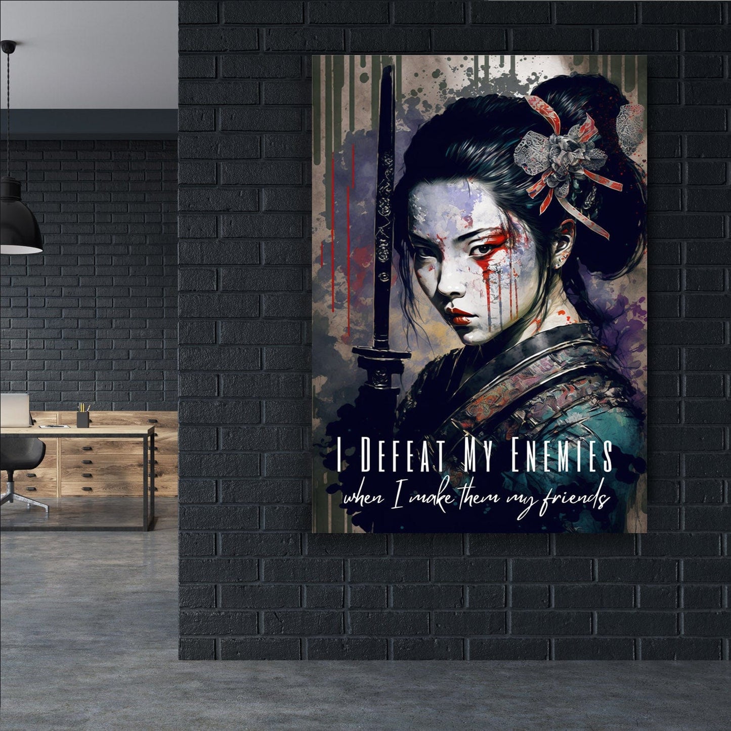 Geisha Warrior - I Defeat My Enemies Dalai Lama Quote Wall Art | Inspirational Wall Art Motivational Wall Art Quotes Office Art | Impaktiv Exclusive Canvas Art Portrait