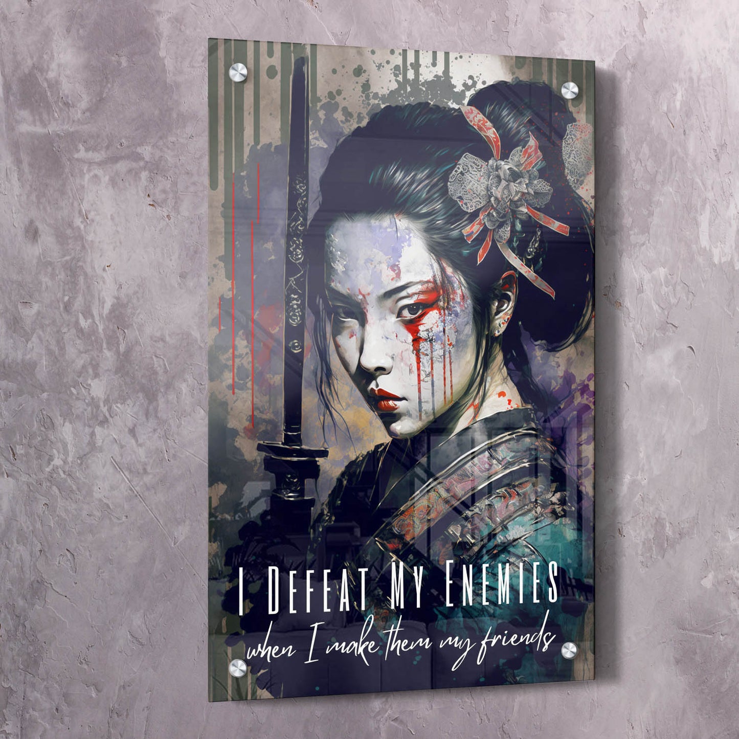 Geisha Warrior - I Defeat My Enemies Dalai Lama Quote Wall Art | Inspirational Wall Art Motivational Wall Art Quotes Office Art | Impaktiv Exclusive Canvas Art Portrait