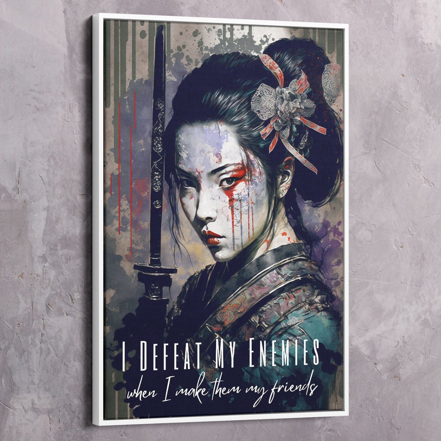 Geisha Warrior - I Defeat My Enemies Dalai Lama Quote Wall Art | Inspirational Wall Art Motivational Wall Art Quotes Office Art | Impaktiv Exclusive Canvas Art Portrait