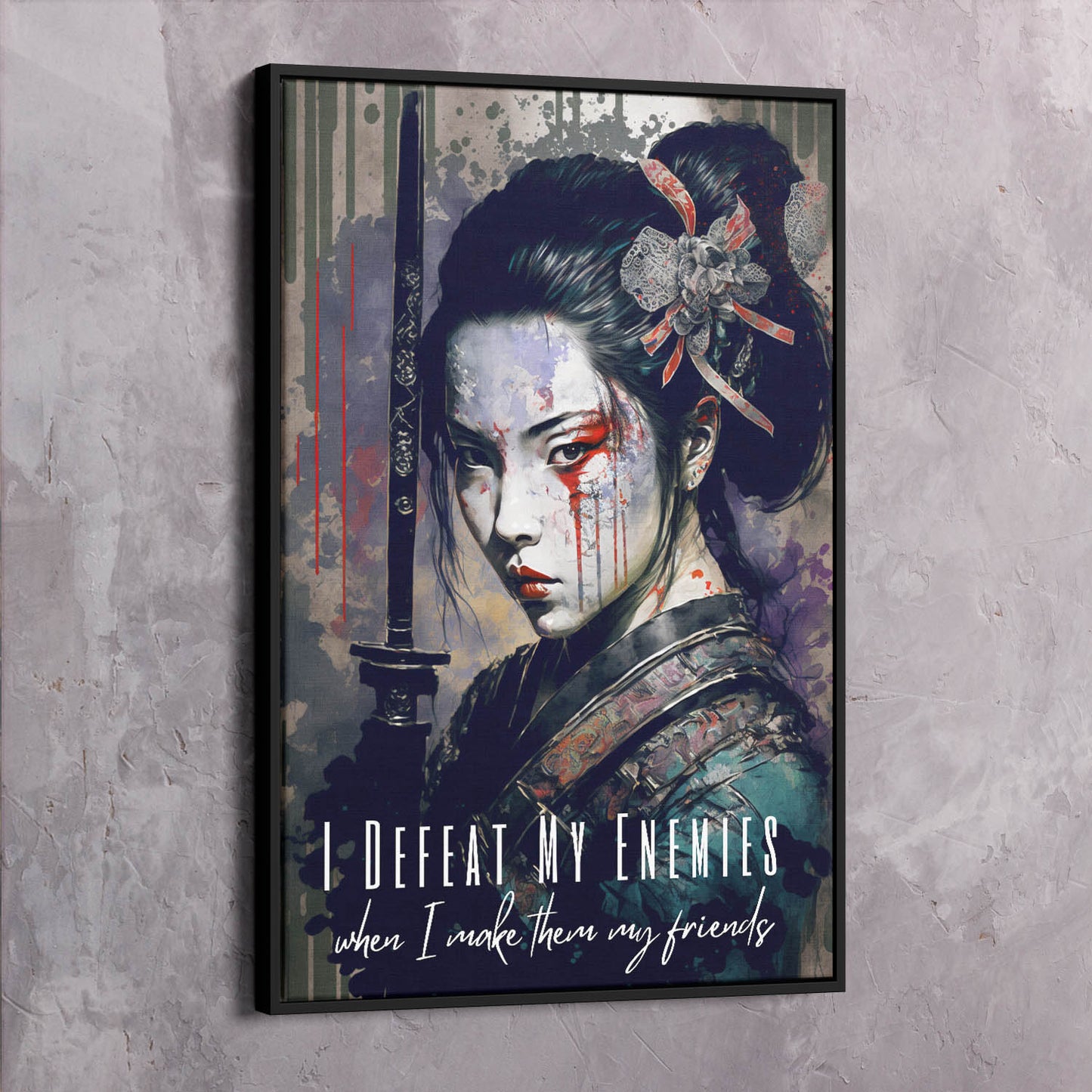 Geisha Warrior - I Defeat My Enemies Dalai Lama Quote Wall Art | Inspirational Wall Art Motivational Wall Art Quotes Office Art | Impaktiv Exclusive Canvas Art Portrait