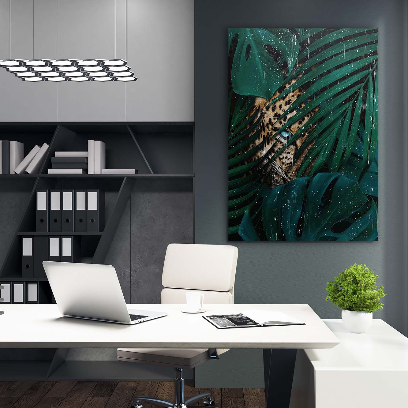 Leopard Dark Tropical Leaves Wall Art | Inspirational Wall Art Motivational Wall Art Quotes Office Art | Impaktiv Exclusive Canvas Art Portrait