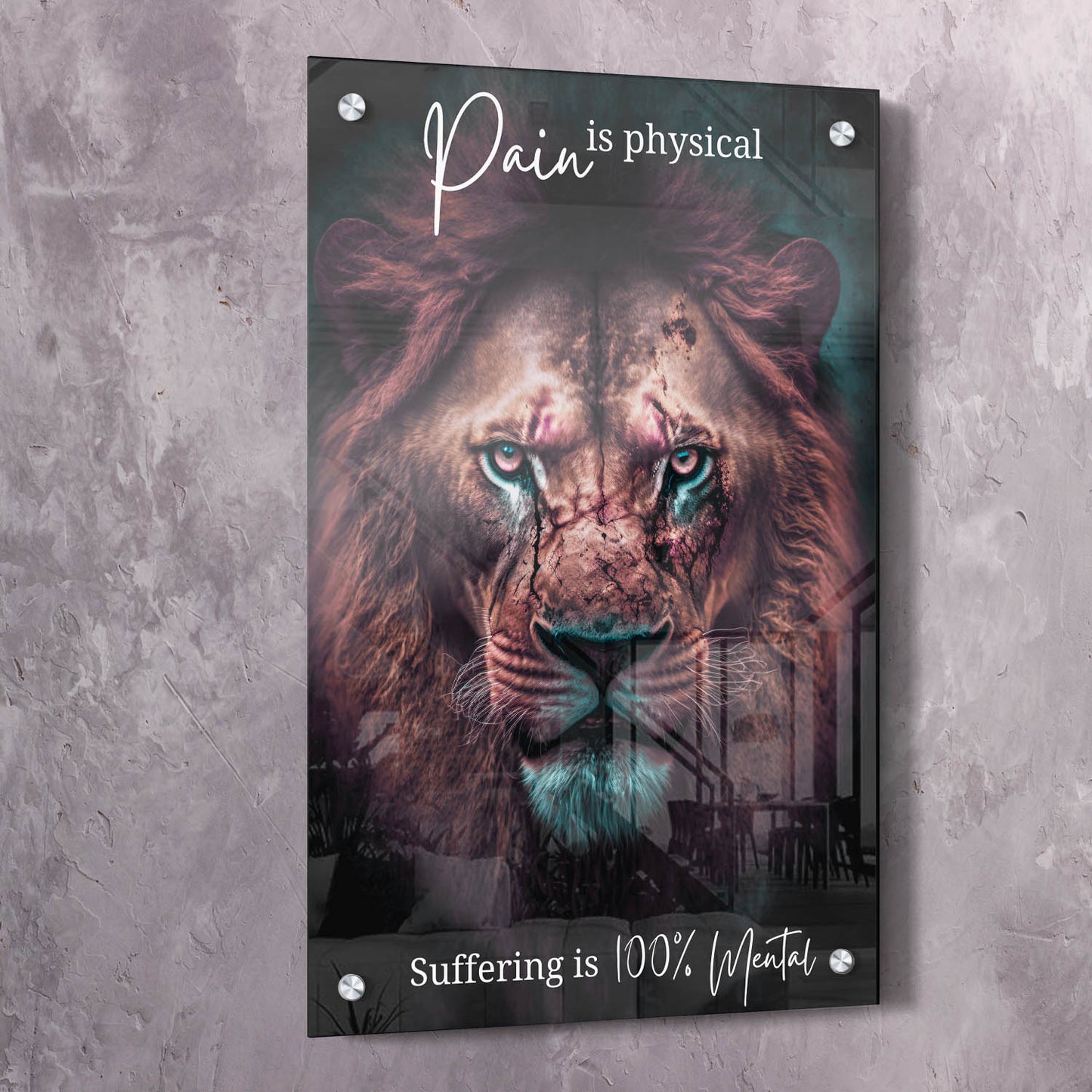 Lion Scars - Pain is physical suffering is 100% mental - Nisargadatta Maharaj Quote Wall Art | Inspirational Wall Art Motivational Wall Art Quotes Office Art | Impaktiv Exclusive Canvas Art Portrait