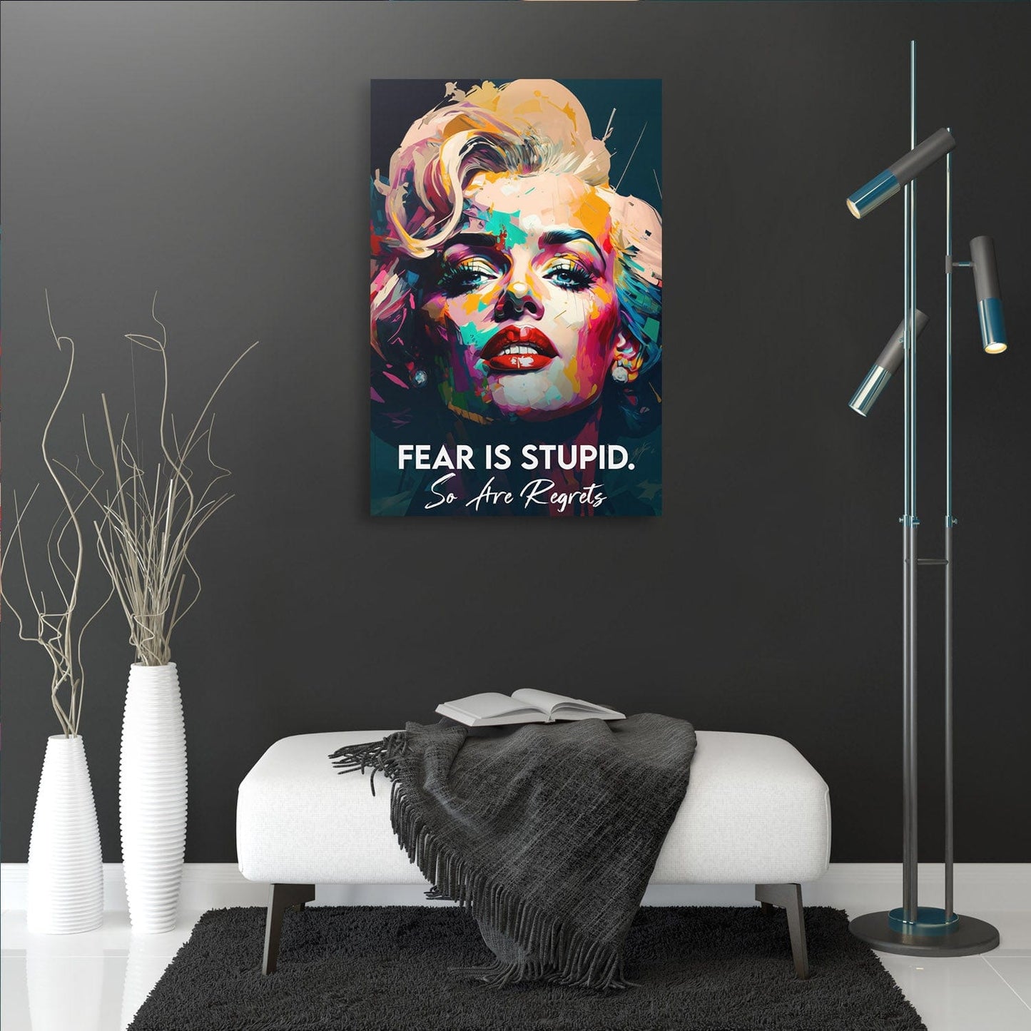 Marilyn Monroe Inspired - Fear is Stupid Wall Art | Inspirational Wall Art Motivational Wall Art Quotes Office Art | Impaktiv Exclusive Canvas Art Portrait