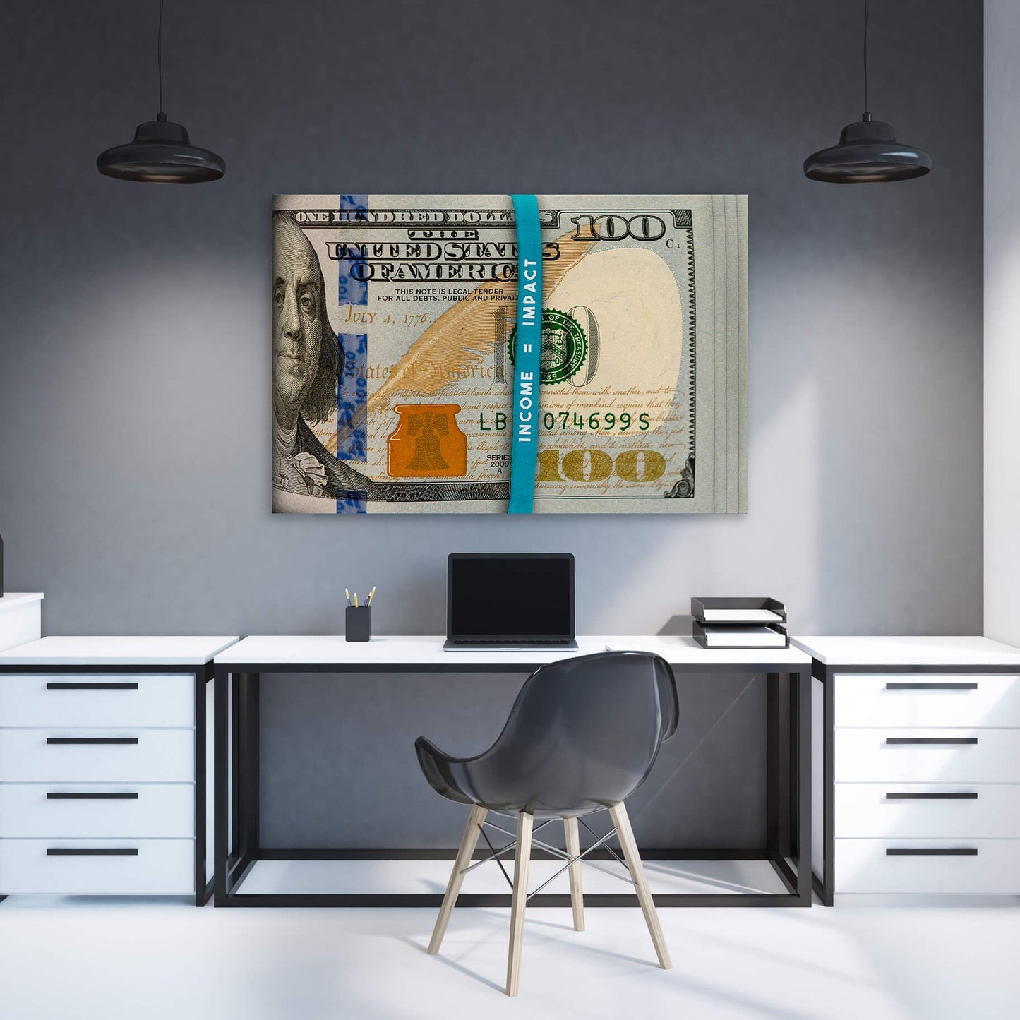 Money Rubber Band - Income = Impact Wall Art | Inspirational Wall Art Motivational Wall Art Quotes Office Art | Impaktiv Exclusive Canvas Art Landscape