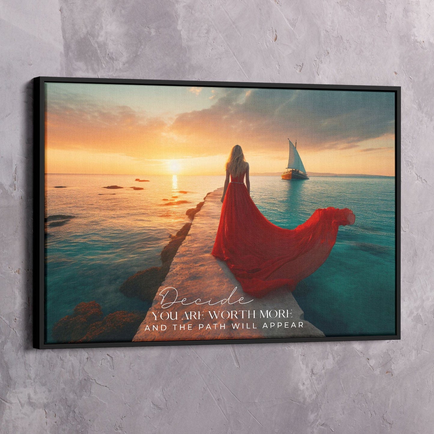 Red Dress Sea - Decide you are worth more Quote Wall Art | Inspirational Wall Art Motivational Wall Art Quotes Office Art | Impaktiv Exclusive Canvas Art Landscape