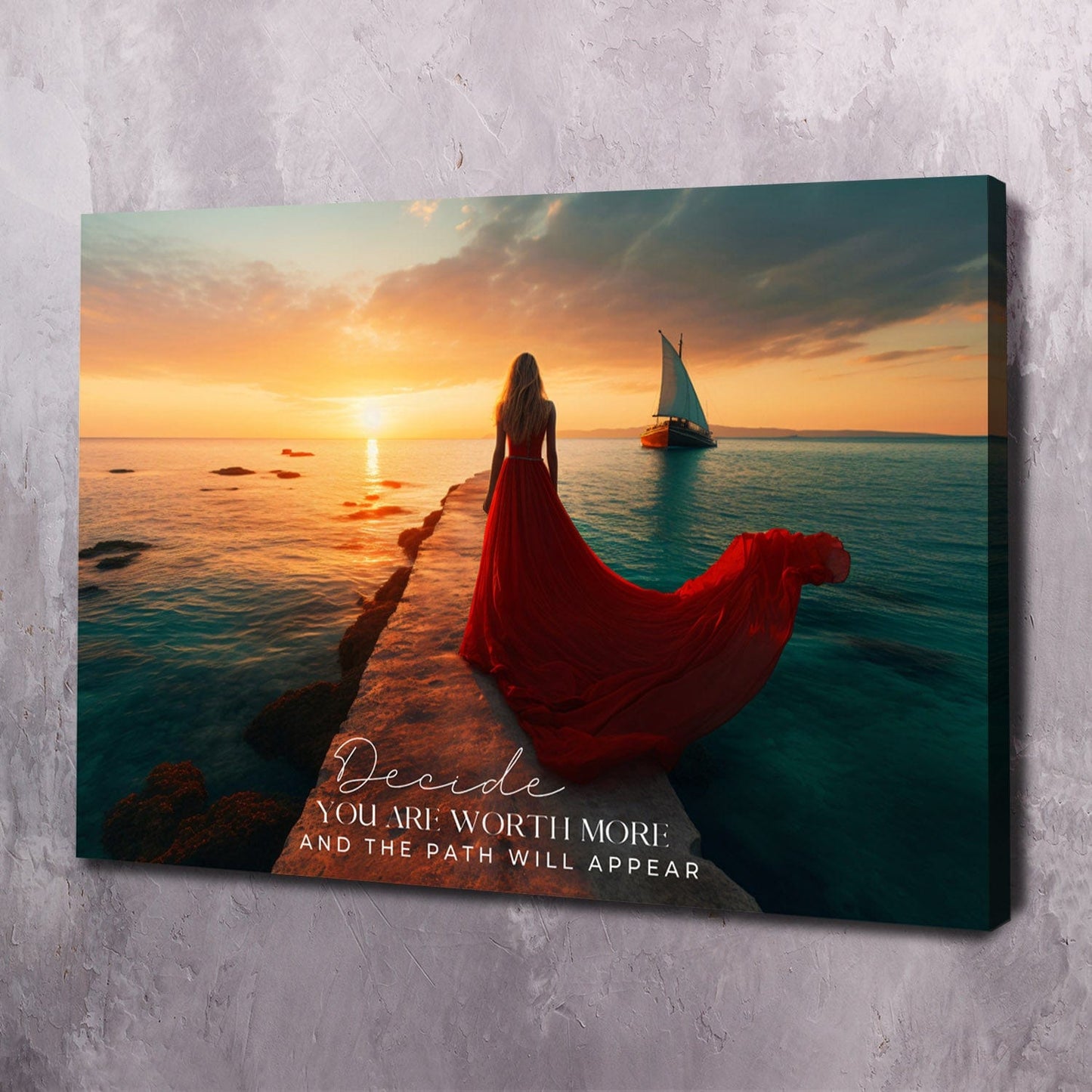 Red Dress Sea - Decide you are worth more Quote Wall Art | Inspirational Wall Art Motivational Wall Art Quotes Office Art | Impaktiv Exclusive Canvas Art Landscape