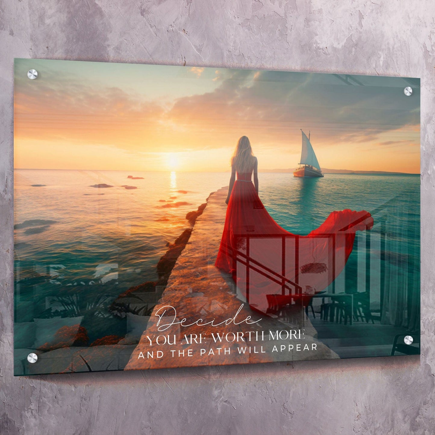 Red Dress Sea - Decide you are worth more Quote Wall Art | Inspirational Wall Art Motivational Wall Art Quotes Office Art | Impaktiv Exclusive Canvas Art Landscape