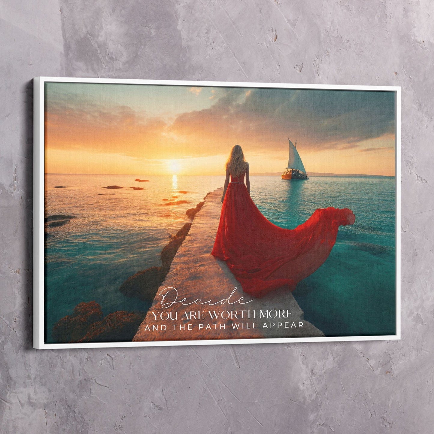 Red Dress Sea - Decide you are worth more Quote Wall Art | Inspirational Wall Art Motivational Wall Art Quotes Office Art | Impaktiv Exclusive Canvas Art Landscape