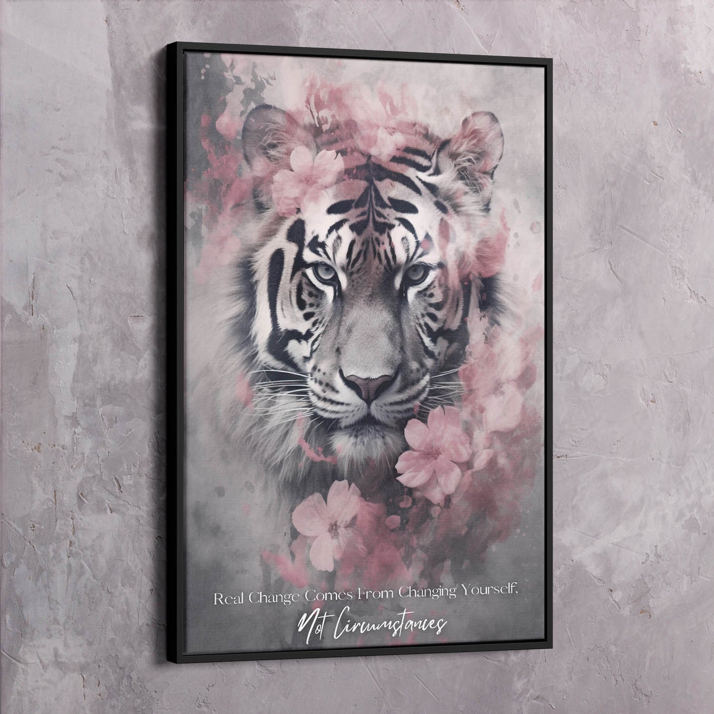 Tiger Pink Flowers - Change Yourself Not Circumstances Quote Wall Art | Inspirational Wall Art Motivational Wall Art Quotes Office Art | Impaktiv Exclusive Canvas Art Portrait