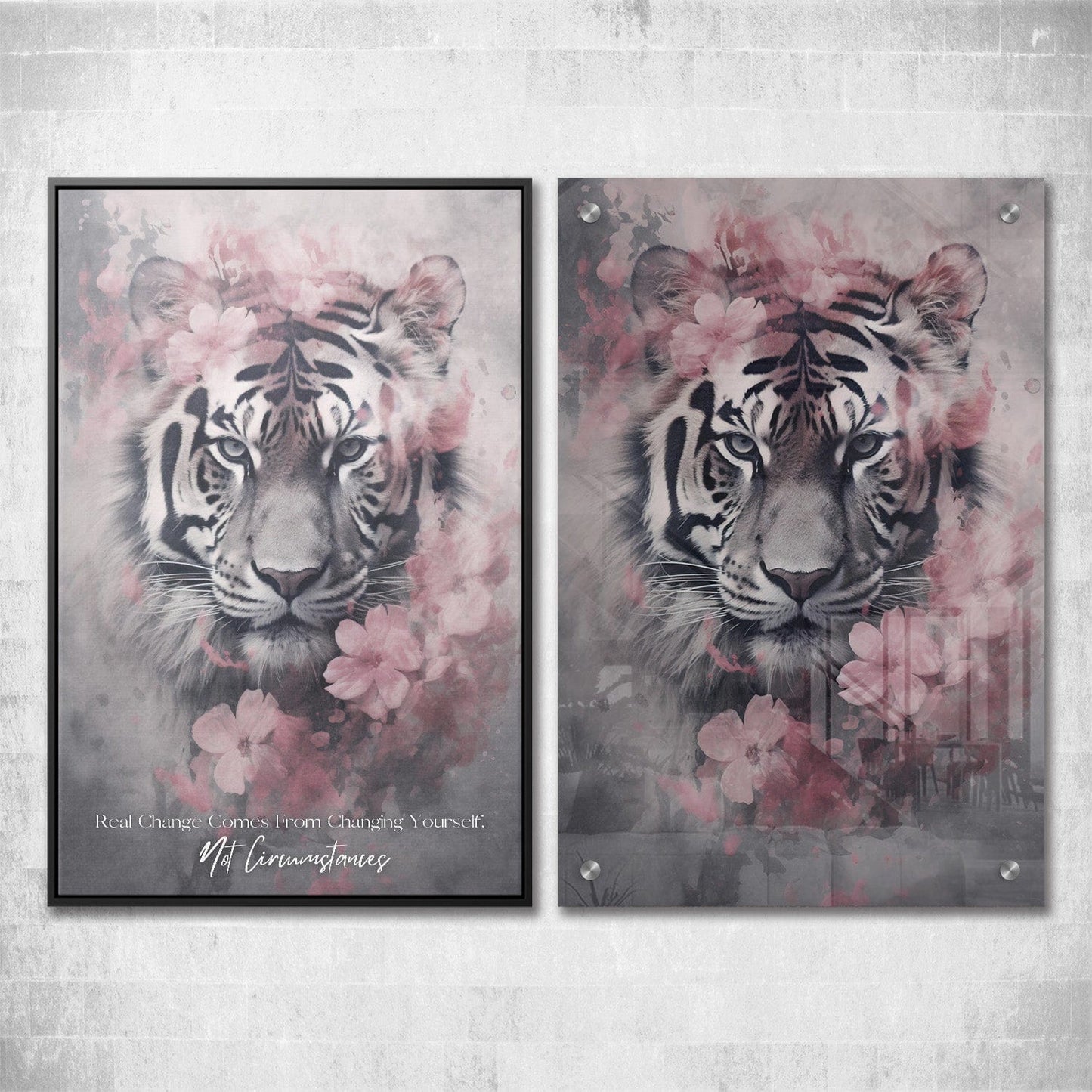 Tiger Pink Flowers - Change Yourself Not Circumstances Quote Wall Art | Inspirational Wall Art Motivational Wall Art Quotes Office Art | Impaktiv Exclusive Canvas Art Portrait