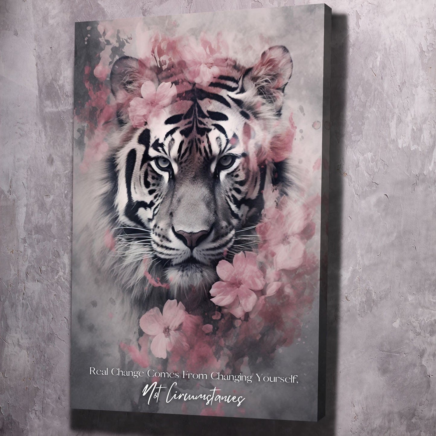 Tiger Pink Flowers - Change Yourself Not Circumstances Quote Wall Art | Inspirational Wall Art Motivational Wall Art Quotes Office Art | Impaktiv Exclusive Canvas Art Portrait