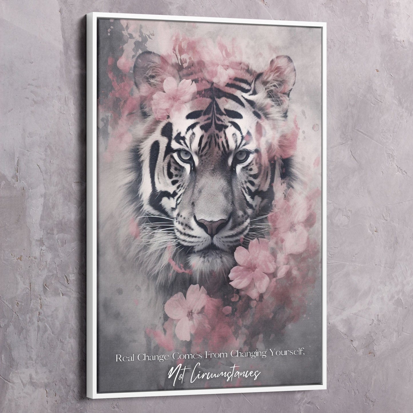 Tiger Pink Flowers - Change Yourself Not Circumstances Quote Wall Art | Inspirational Wall Art Motivational Wall Art Quotes Office Art | Impaktiv Exclusive Canvas Art Portrait