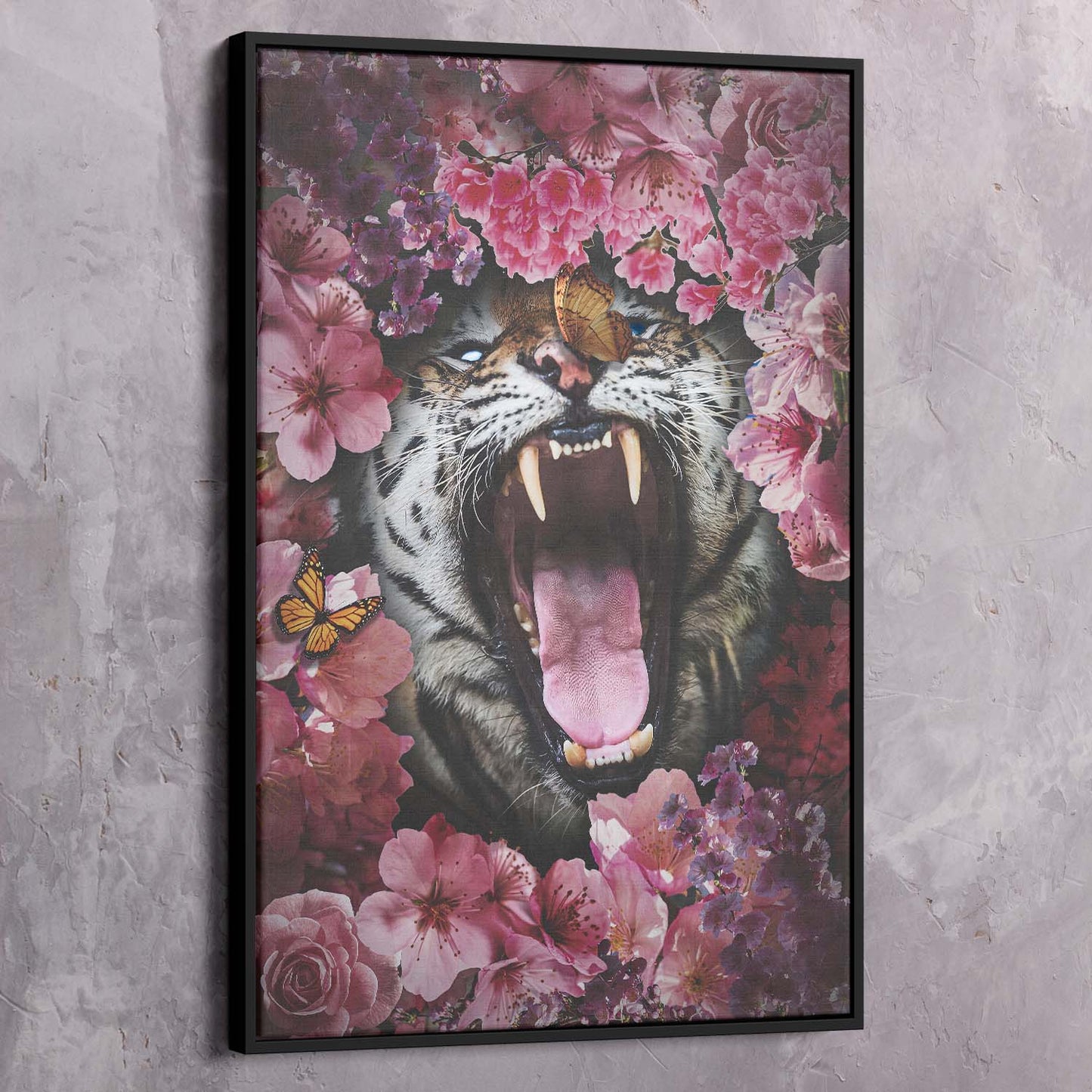 Tiger Roar Pink Flowers Art Wall Art | Inspirational Wall Art Motivational Wall Art Quotes Office Art | Impaktiv Exclusive Canvas Art Portrait