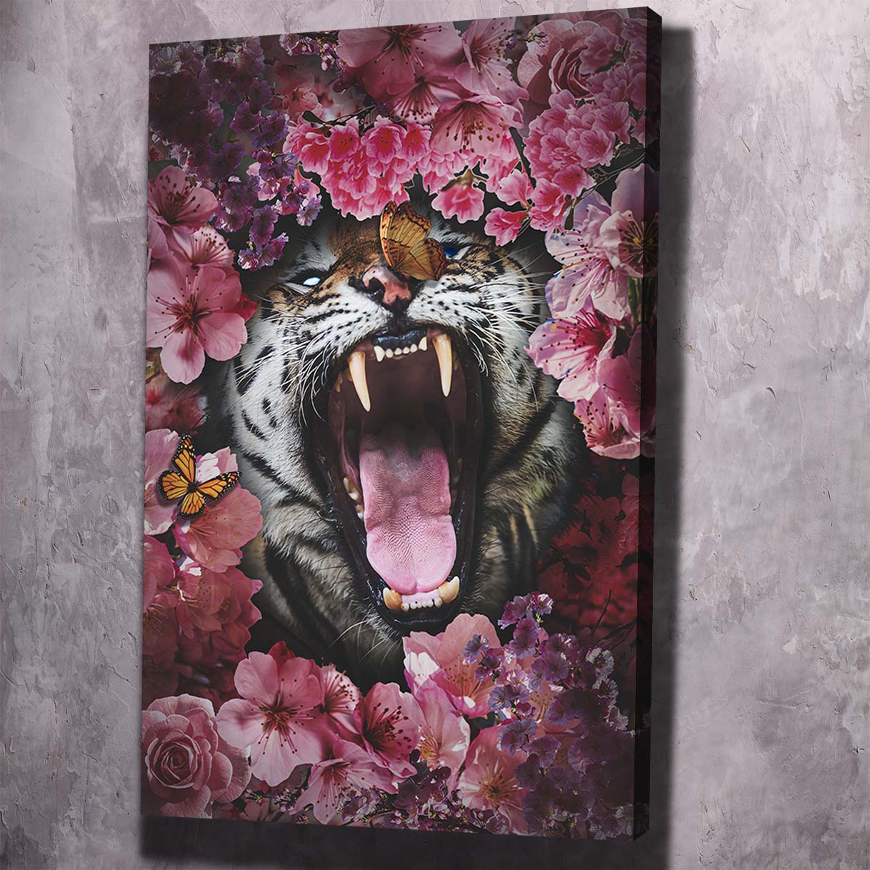 Tiger Roar Pink Flowers Art Wall Art | Inspirational Wall Art Motivational Wall Art Quotes Office Art | Impaktiv Exclusive Canvas Art Portrait