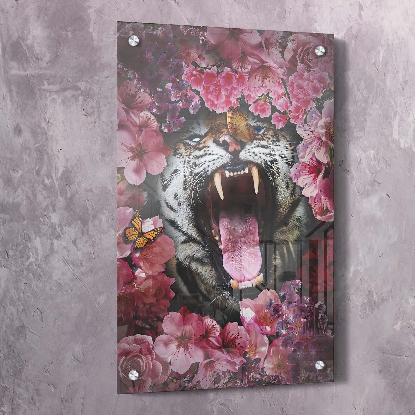 Tiger Roar Pink Flowers Art Wall Art | Inspirational Wall Art Motivational Wall Art Quotes Office Art | Impaktiv Exclusive Canvas Art Portrait