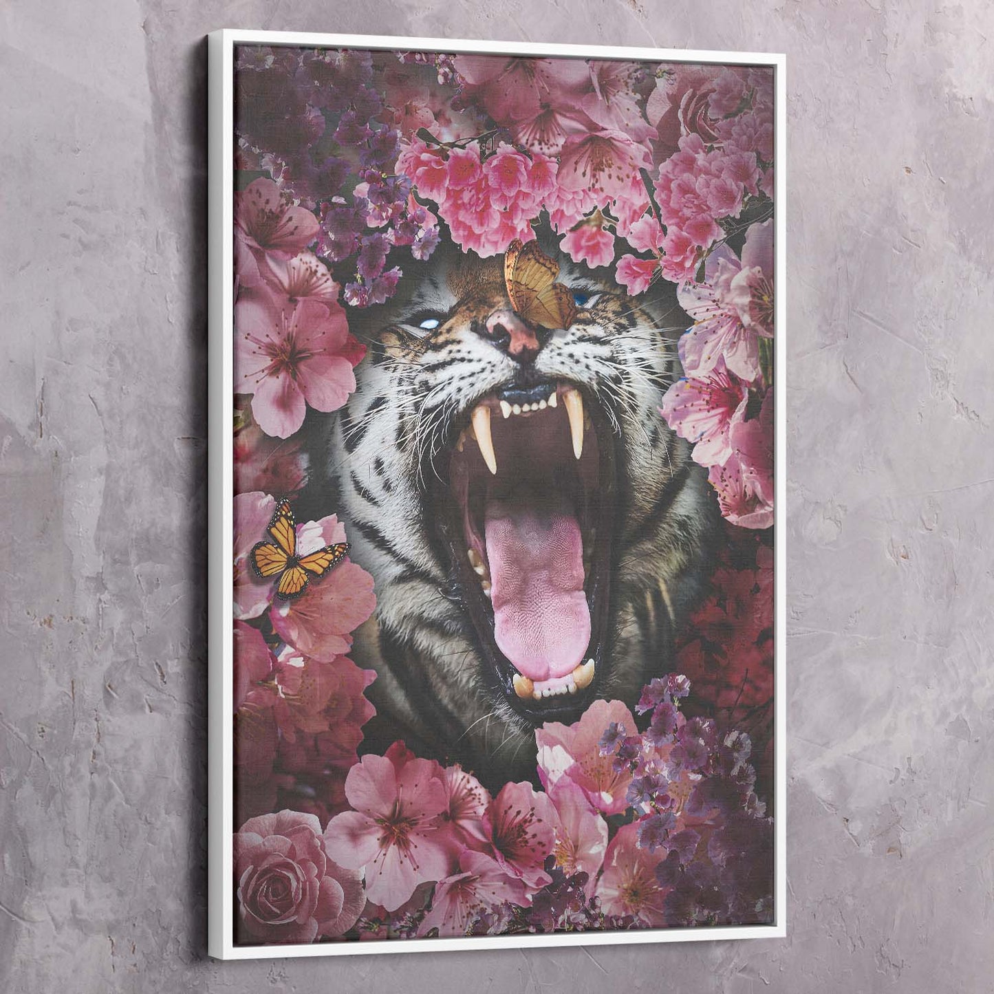 Tiger Roar Pink Flowers Art Wall Art | Inspirational Wall Art Motivational Wall Art Quotes Office Art | Impaktiv Exclusive Canvas Art Portrait