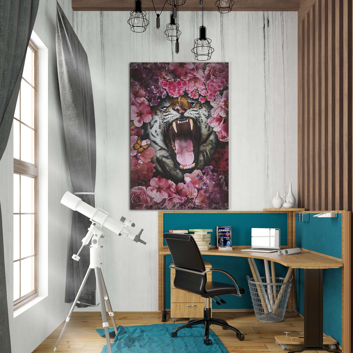 Tiger Roar Pink Flowers Art Wall Art | Inspirational Wall Art Motivational Wall Art Quotes Office Art | Impaktiv Exclusive Canvas Art Portrait