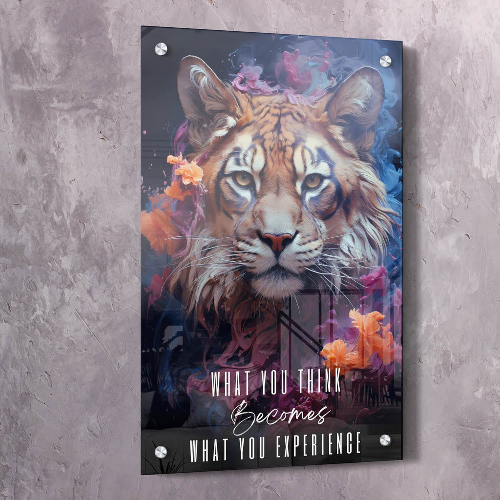 Grommeted tiger wall art with colorful mane flowers and quote text
