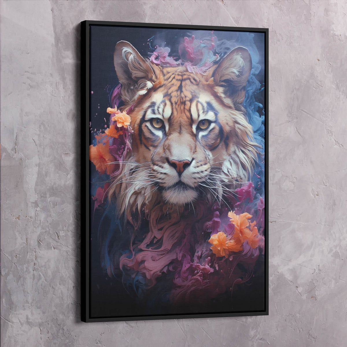 Black-framed tiger wall art with centered tiger face and flower accents
