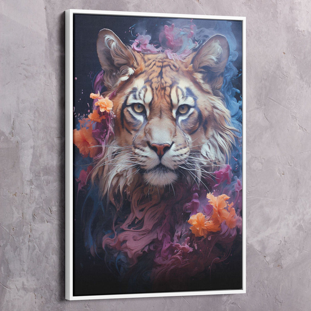 Framed abstract tiger portrait wall art with colorful ink splash, orange flowers, blue tones