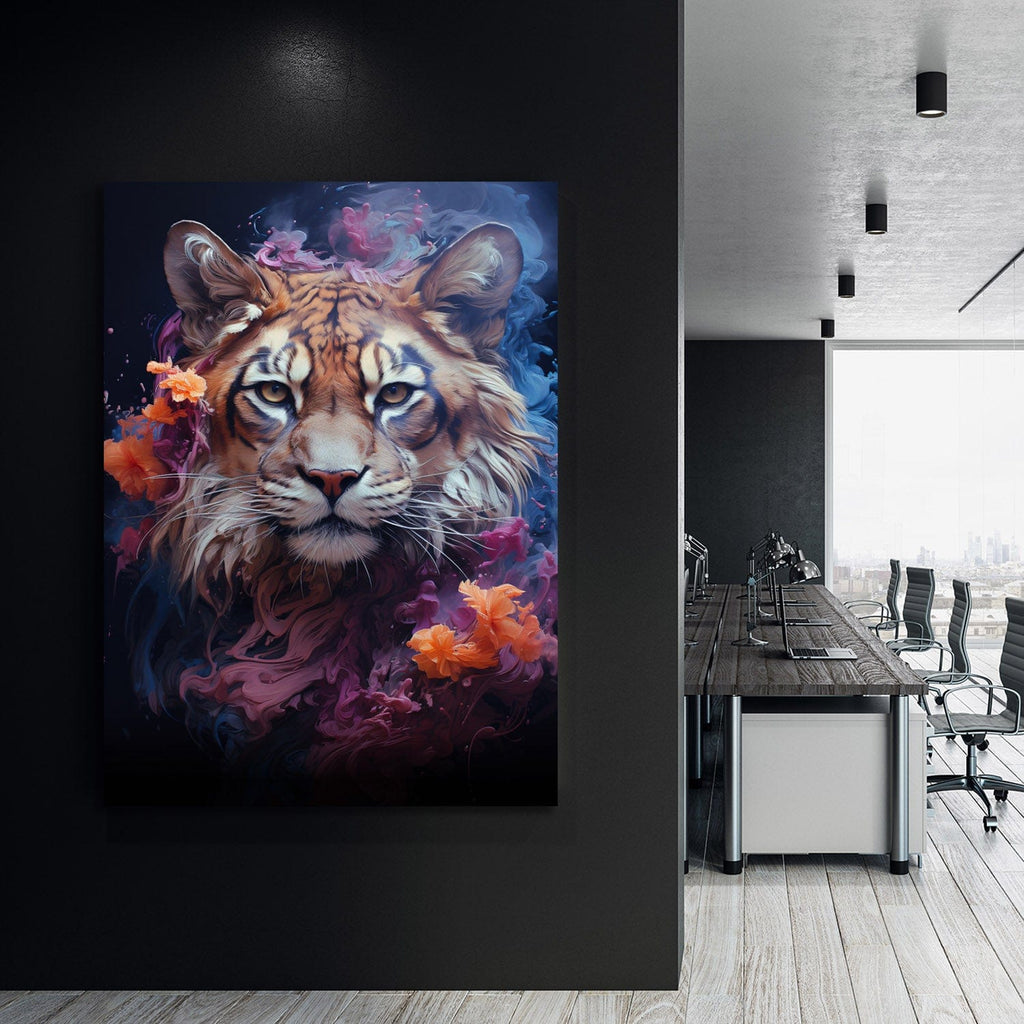 Tiger wall art canvas on dark wall with colorful mane and quote text