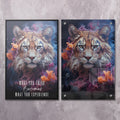Framed tiger wall art with blue-orange fantasy portrait and quote text