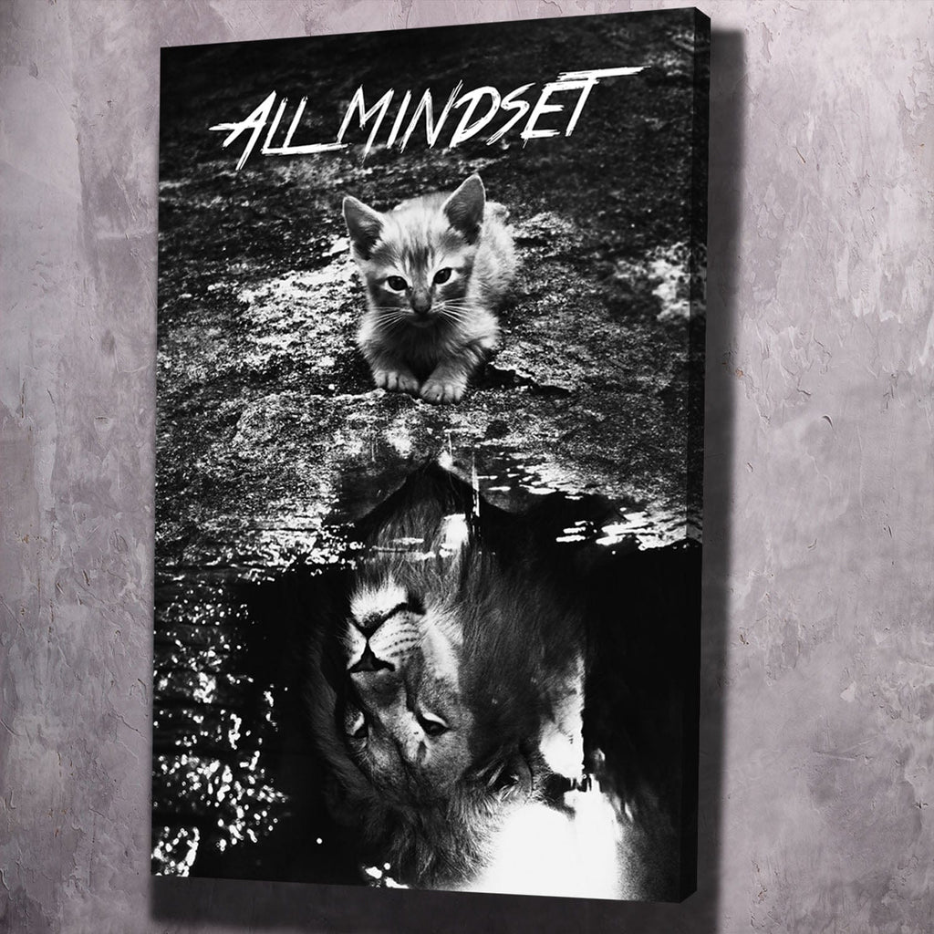 Black framed black-and-white kitten reflection wall art with 'ALL MINDSET' text