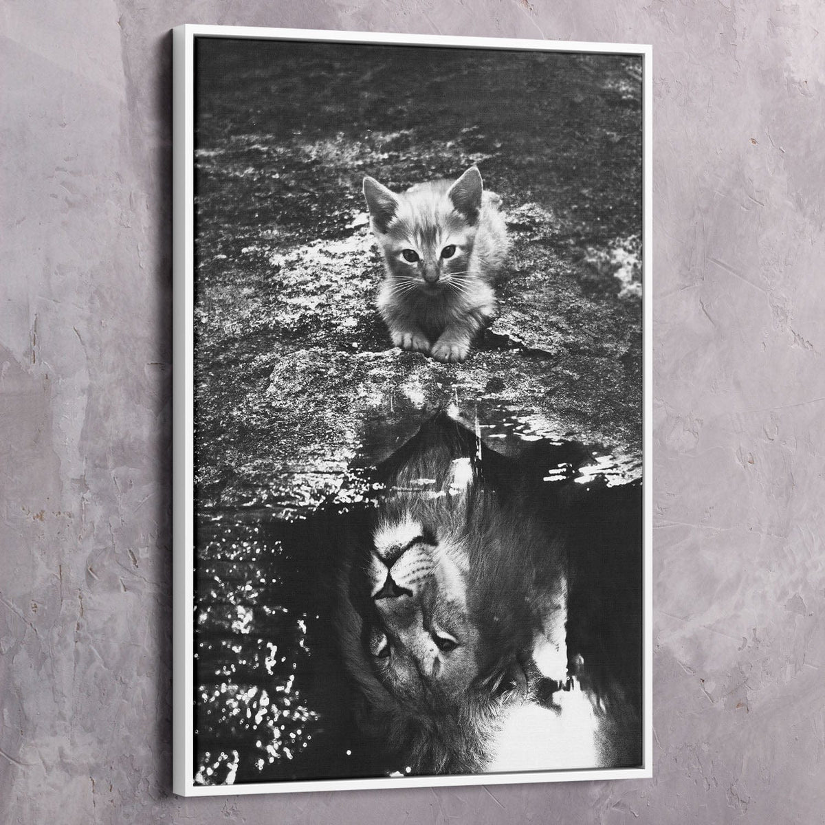 White framed black-and-white kitten reflection wall art with no visible text
