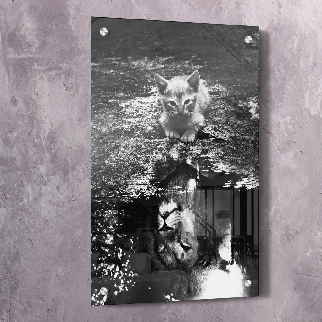 Monochrome kitten reflection wall art on dark gray canvas, portrait orientation