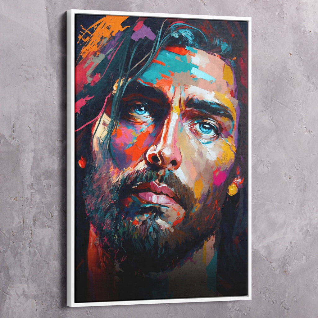 White-framed abstract Jesus portrait wall art canvas with colorful splashes and quote text