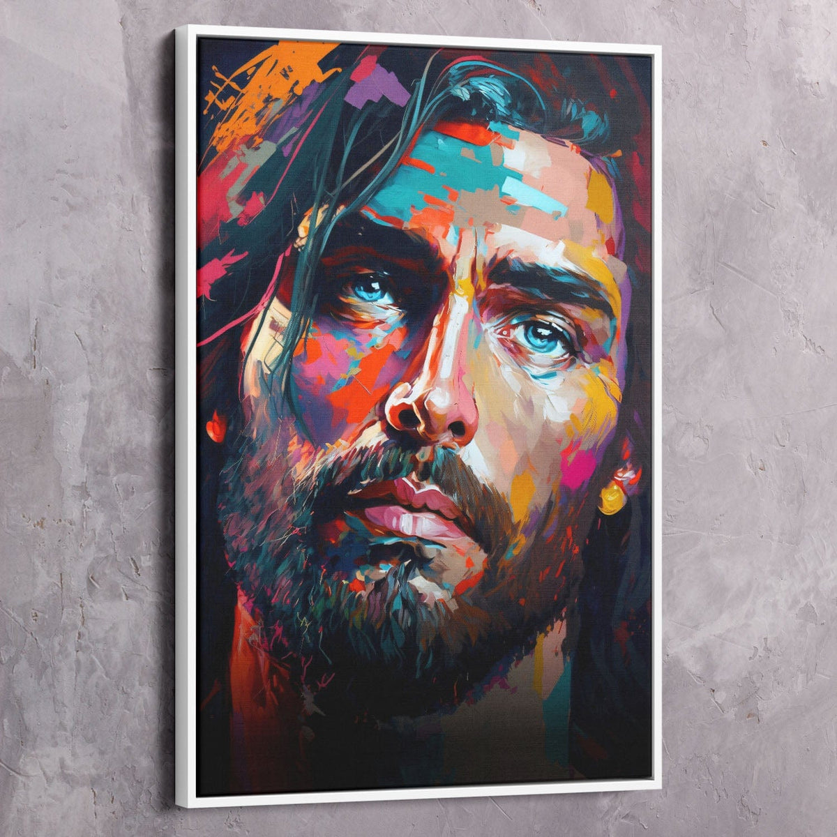 White-framed abstract Jesus portrait wall art canvas with colorful splashes and quote text