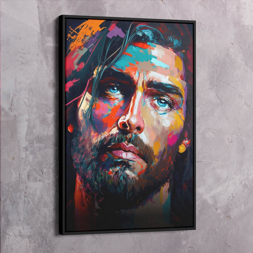 Framed abstract portrait of Jesus wall art with multicolor face