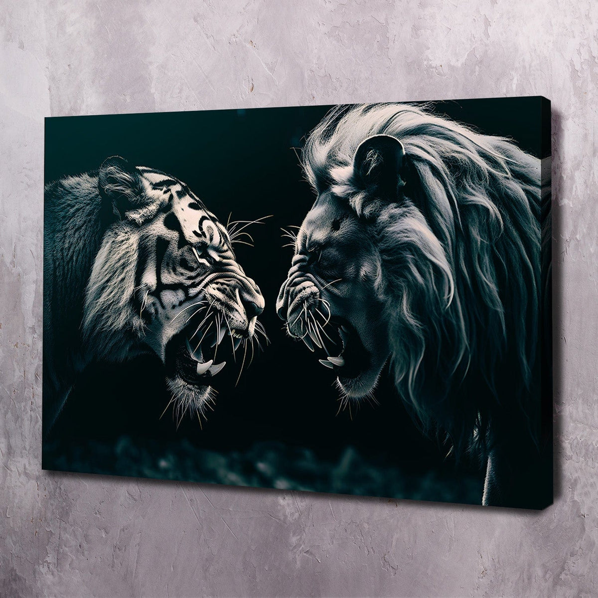 Lion Tiger Faceoff - Fear is teaching you courage Wall Art, alternate view by Impaktiv
